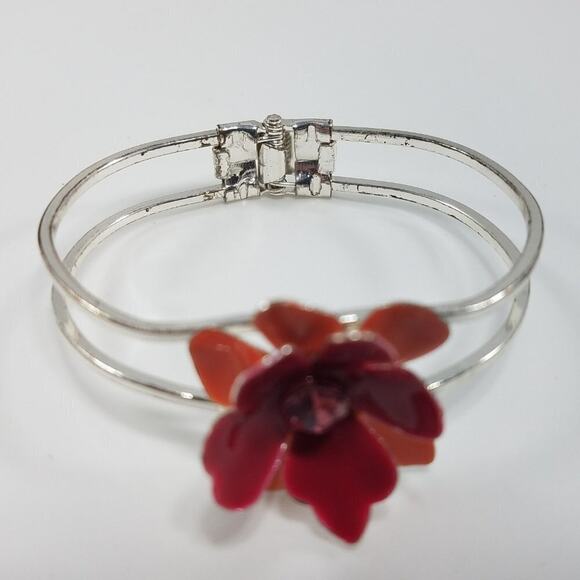 Vintage Enamel Rhinestone Flower Clamper Bracelet - Picture 10 of 10